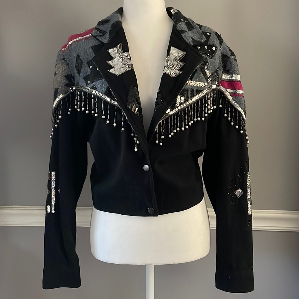 Vintage Modi Denim beaded sequins cropped bomber jacket size large 10-12